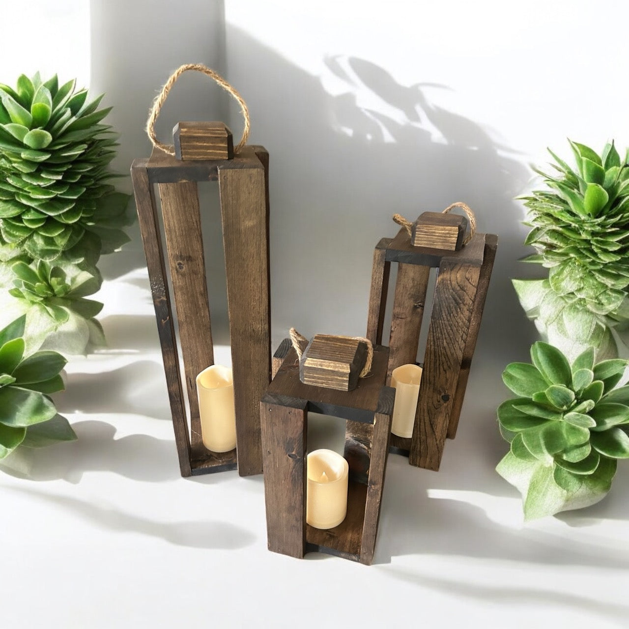 Wooden Candle Lanterns - Set of 3 INCLUDING Remote Control Candles