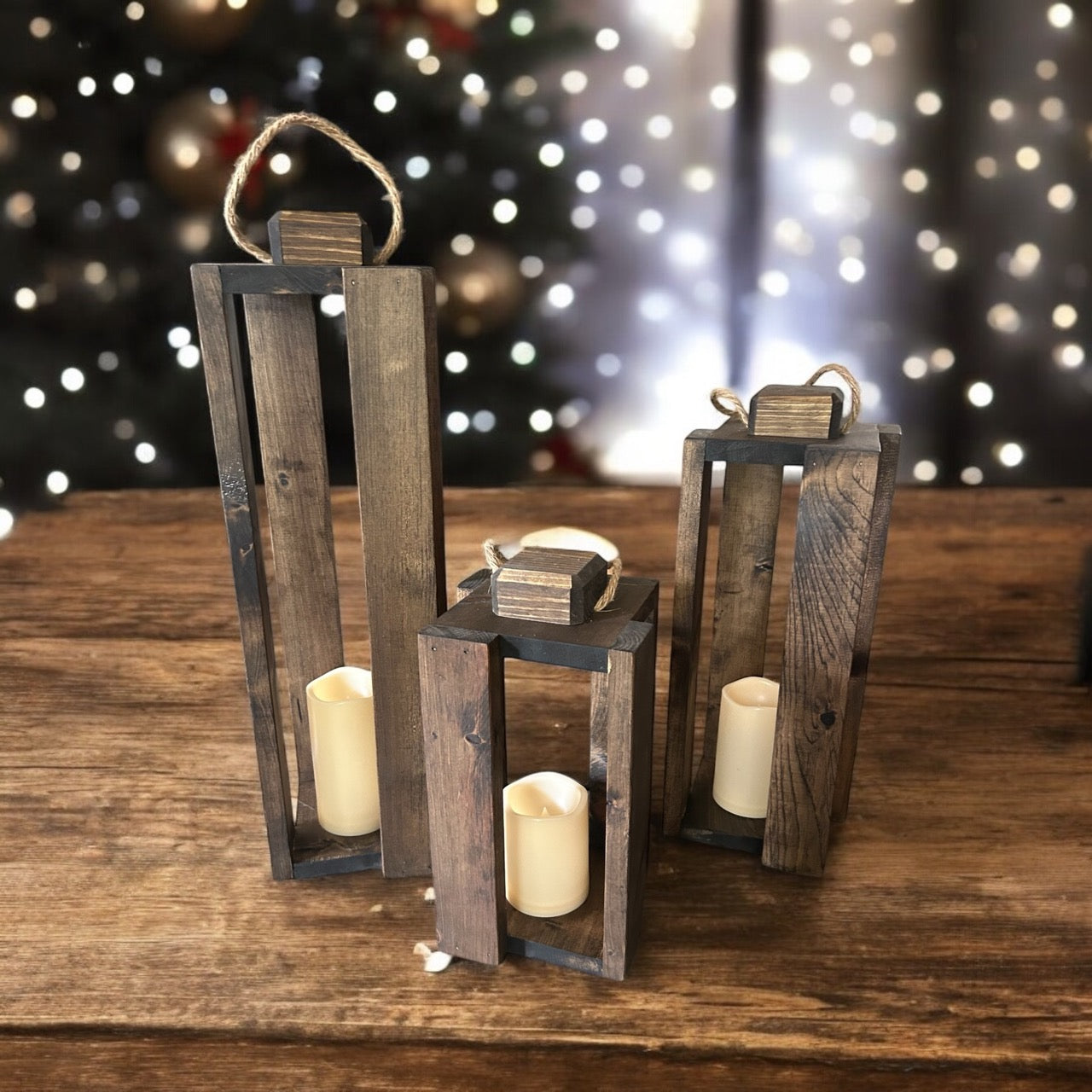 Wooden Candle Lanterns - Set of 3 INCLUDING Remote Control Candles