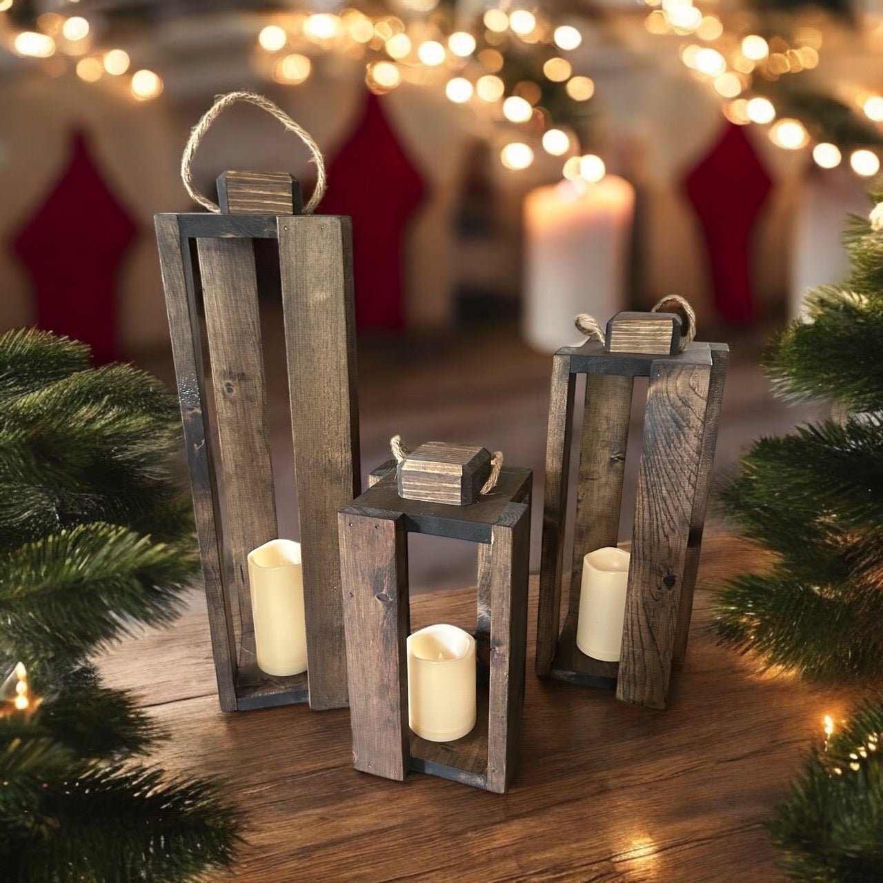 Wooden Candle Lanterns - Set of 3 INCLUDING Remote Control Candles
