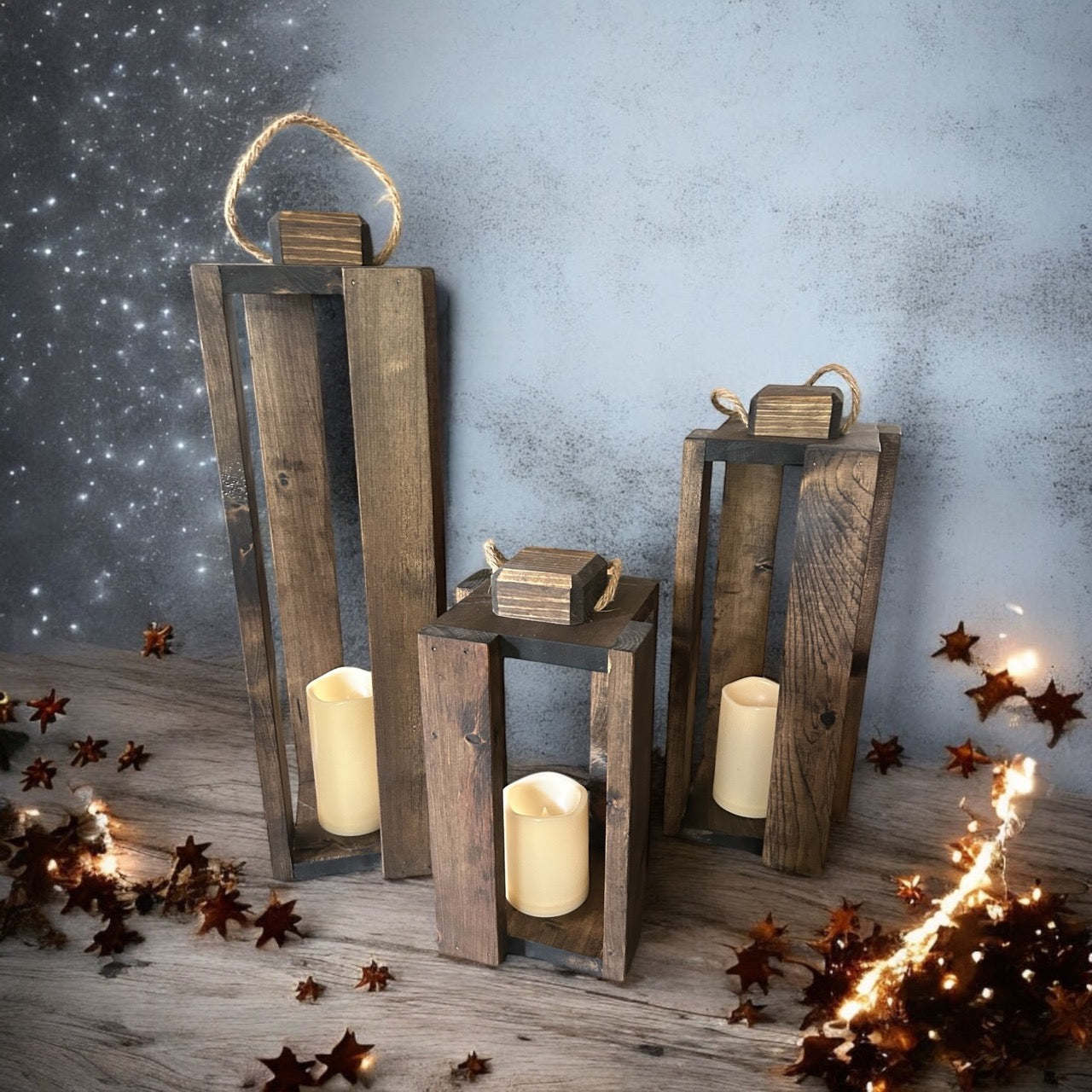 Wooden Candle Lanterns - Set of 3 INCLUDING Remote Control Candles