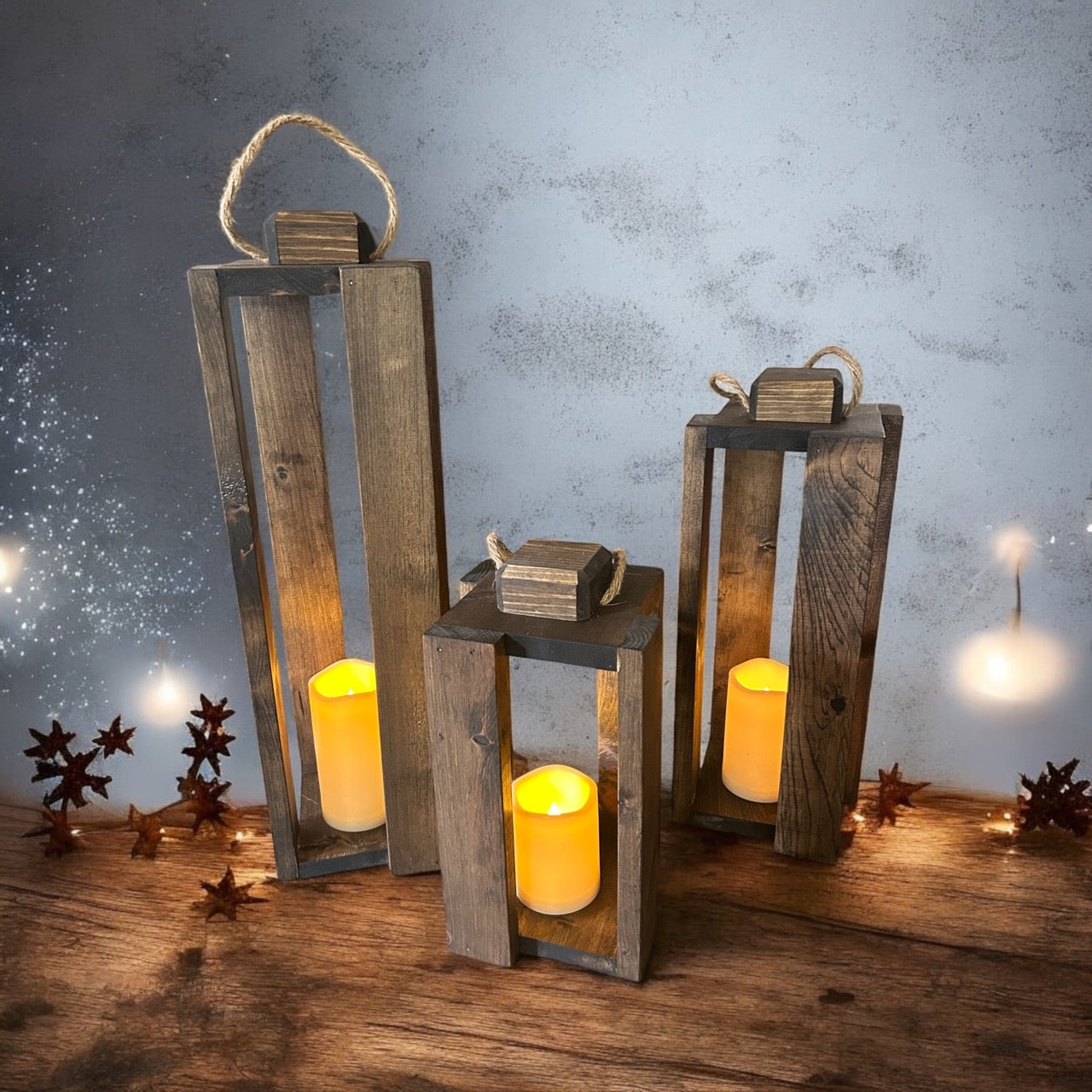 Wooden Candle Lanterns - Set of 3 INCLUDING Remote Control Candles