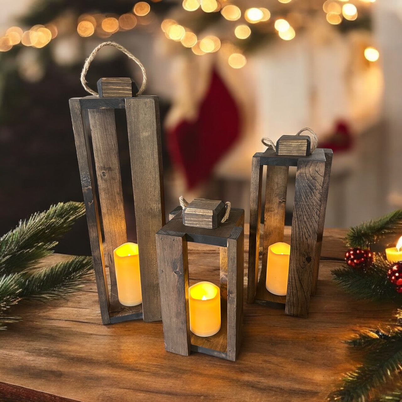 Wooden Candle Lanterns - Set of 3 INCLUDING Remote Control Candles