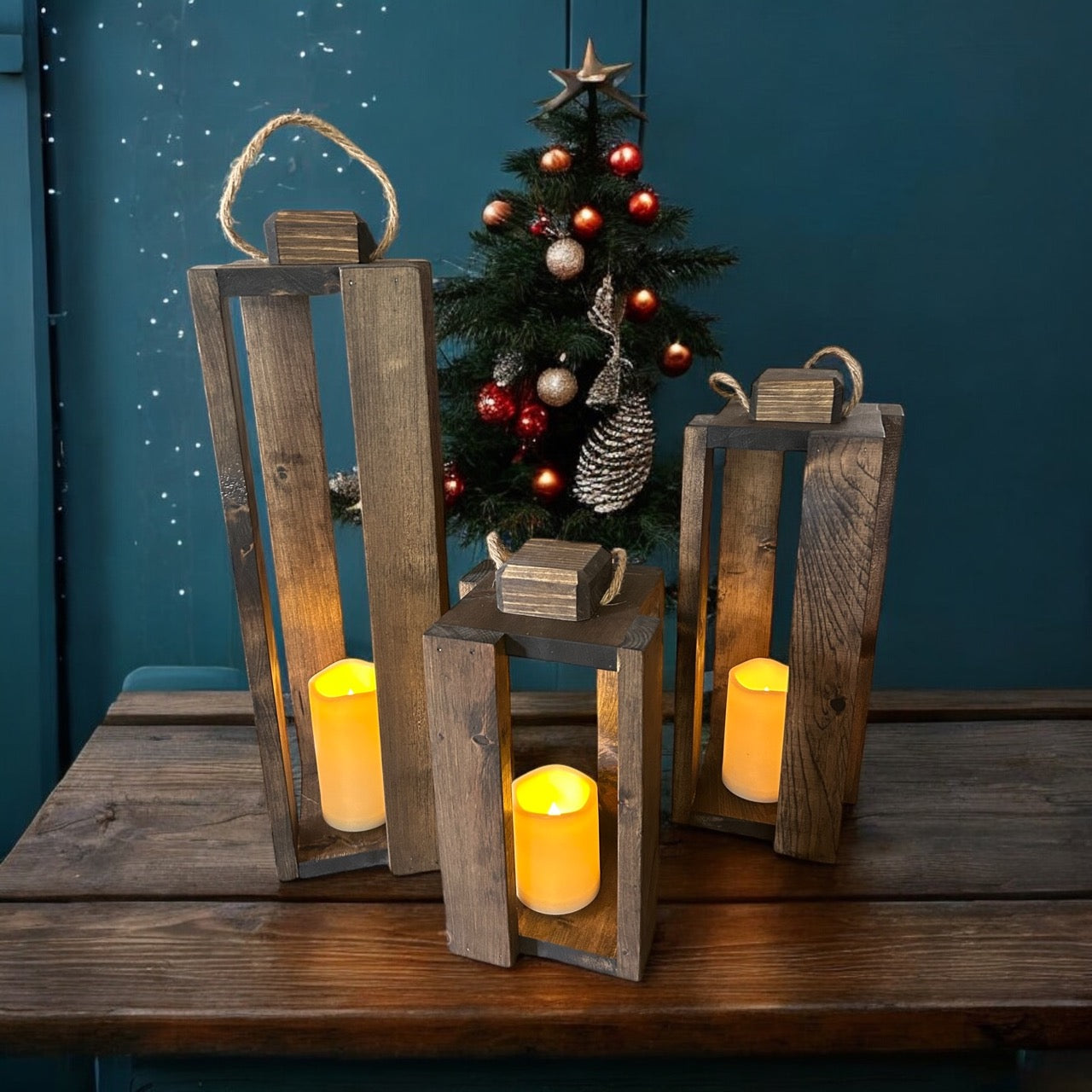 Wooden Candle Lanterns - Set of 3 INCLUDING Remote Control Candles