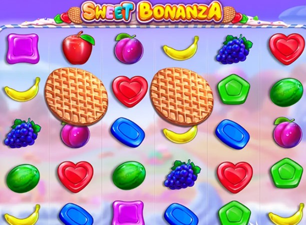 Claim check at Sweet Bonanza: cascading symbols mid-spin
